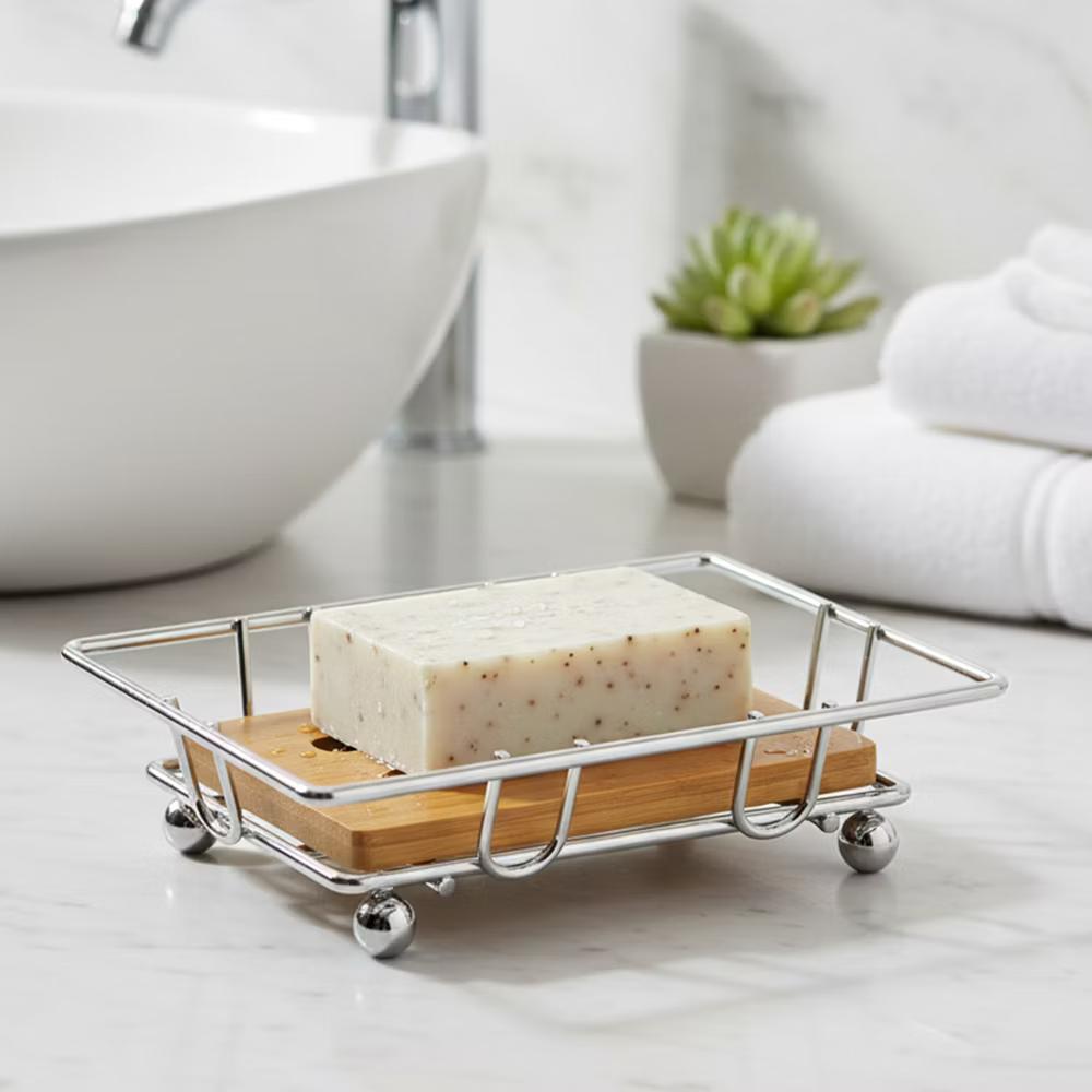 French Home Goods Bamboo Soap Dish Tray with Metal Wire Frame – Self-Draining Design, Ideal for Bathroom or Kitchen Counters - Image 14