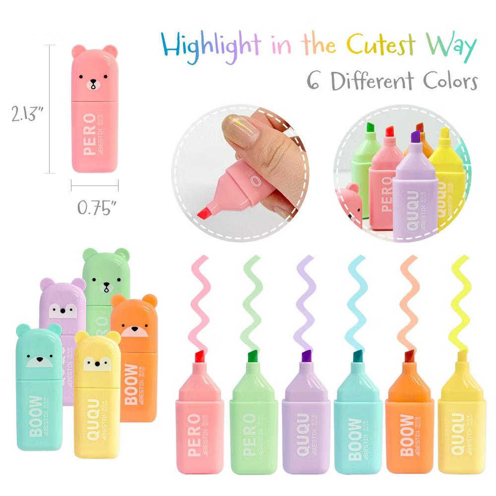 Cute and Colorful Highlighters, Marker Pens, Stationery Supplies (Set of 6), Bears - Image 2