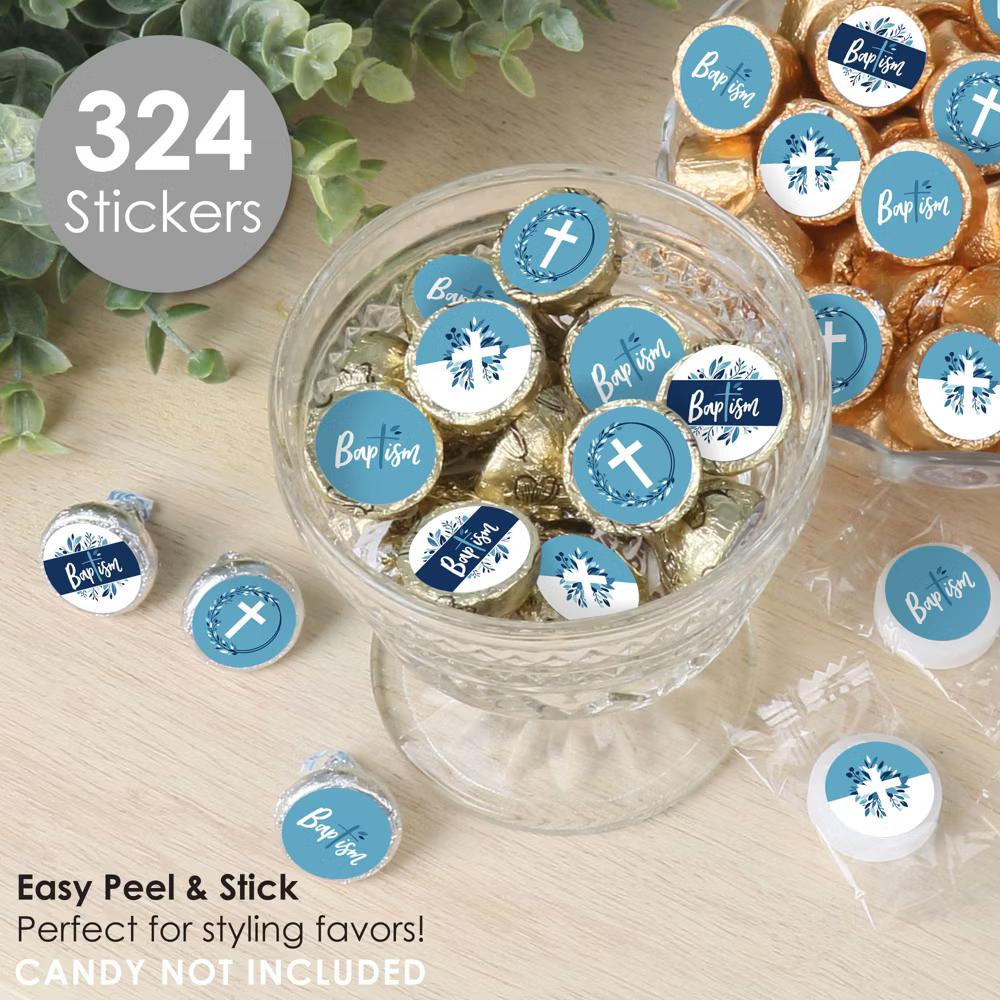 Baptism Blue Elegant Cross - Boy Religious Party Small Round Candy Stickers - Party Favor Labels - 324 Count - Image 3