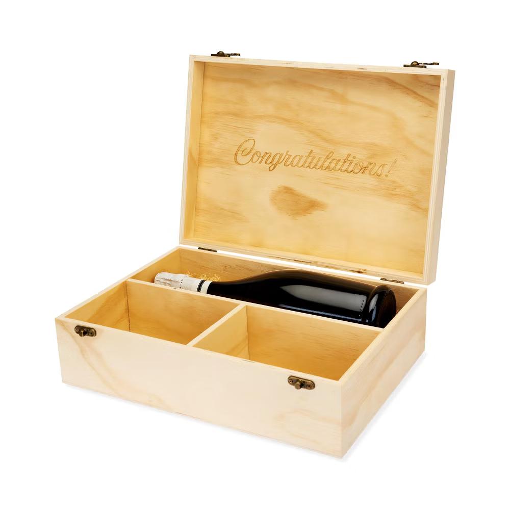Twine Wooden Champagne Bottle Gift Box and 2 Stemless Gold Rim Champagne Flutes, Sparkling Wine Box with Lid, Packing Straw, Holds 1 Champagne Bottle