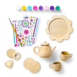 Paint-Your-Own Wood Tea Set Kit - Custom Tea Sets for 4 Year Olds, Includes Paint & Stickers
