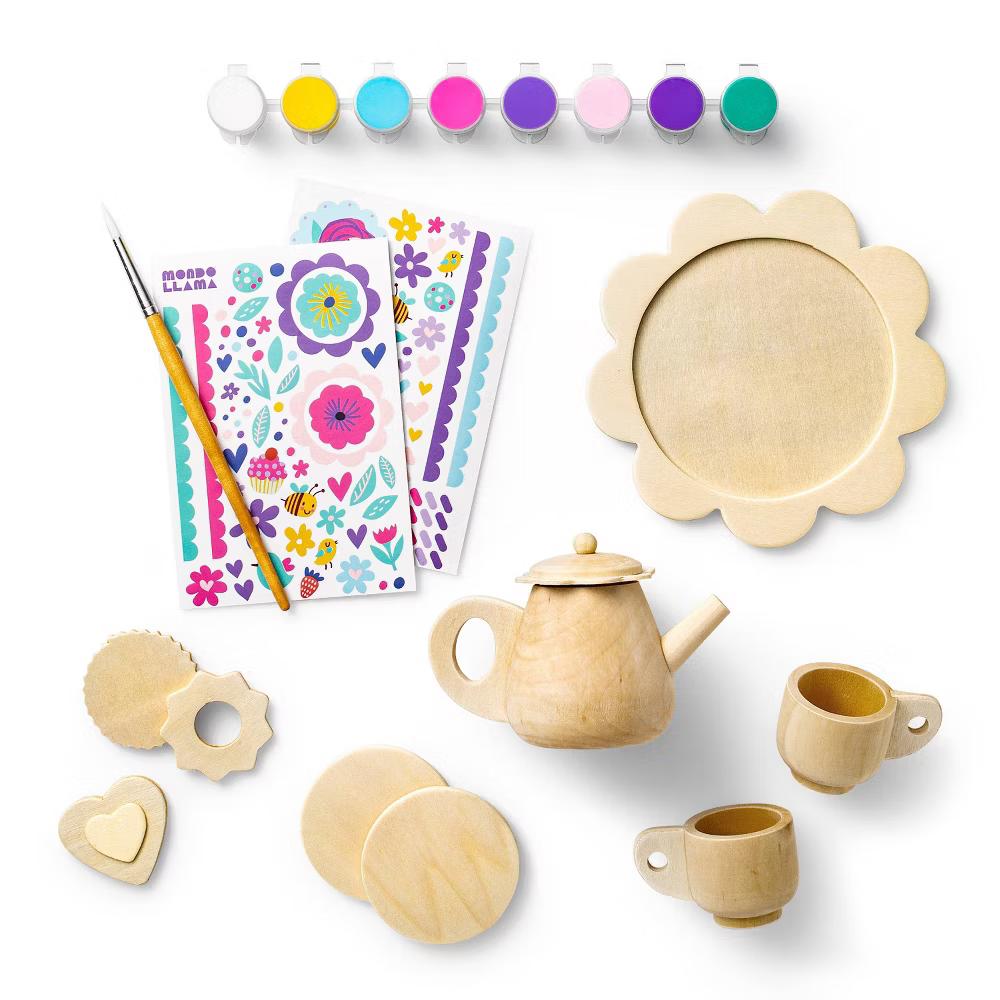 Paint-Your-Own Wood Tea Set Kit - Custom Tea Sets for 4 Year Olds, Includes Paint & Stickers
