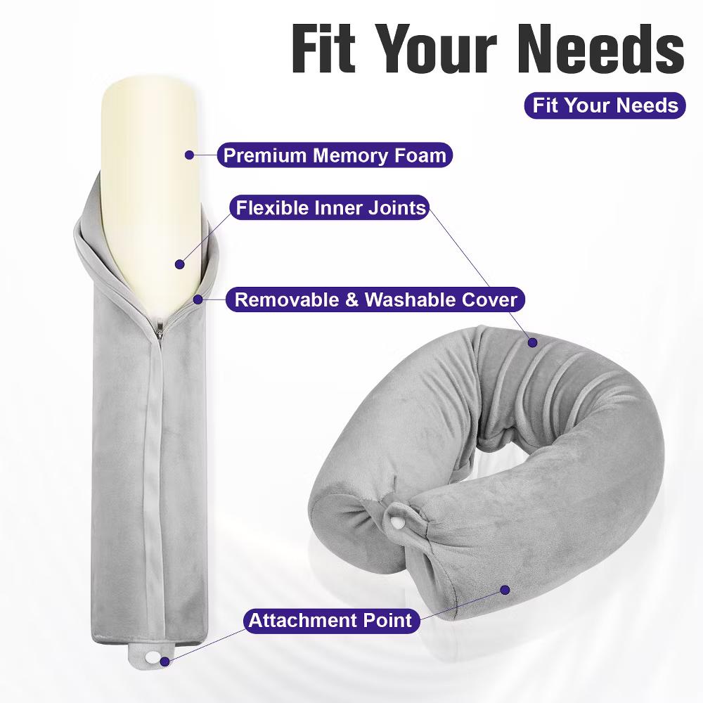 Neck Pillow Travel Pillow Memory Foam For Airplanes Car, Flexible U-Shaped Plane Pillow With Washable Cover, Light Gray - Image 2