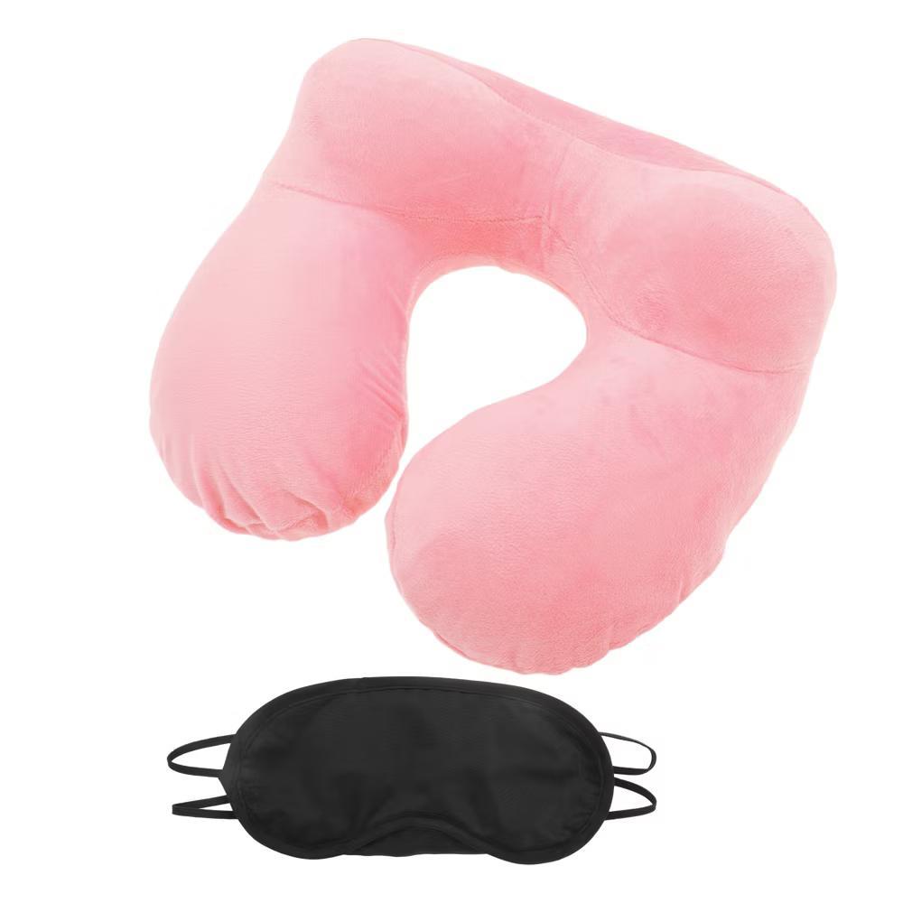 Neck Pillow W/ Storage Bag Eye Mask for Airplane Train Office Inflatable Travel Pillow Pink 1 Set - Image 5