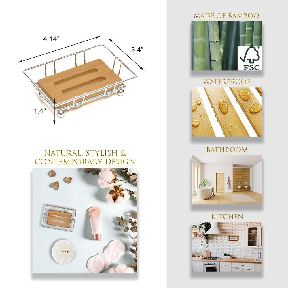 French Home Goods Bamboo Soap Dish Tray with Metal Wire Frame – Self-Draining Design, Ideal for Bathroom or Kitchen Counters - Image 9