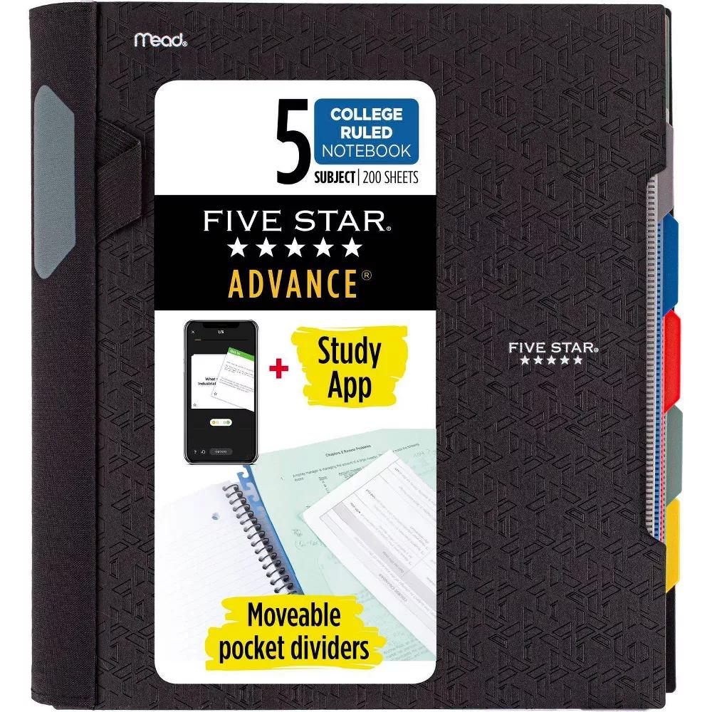 Five Star 200 Sheets 5 Subject College Ruled Spiral Notebook with Pocket Dividers Black: Lined Paper, 3 Hole Punched - Image 2