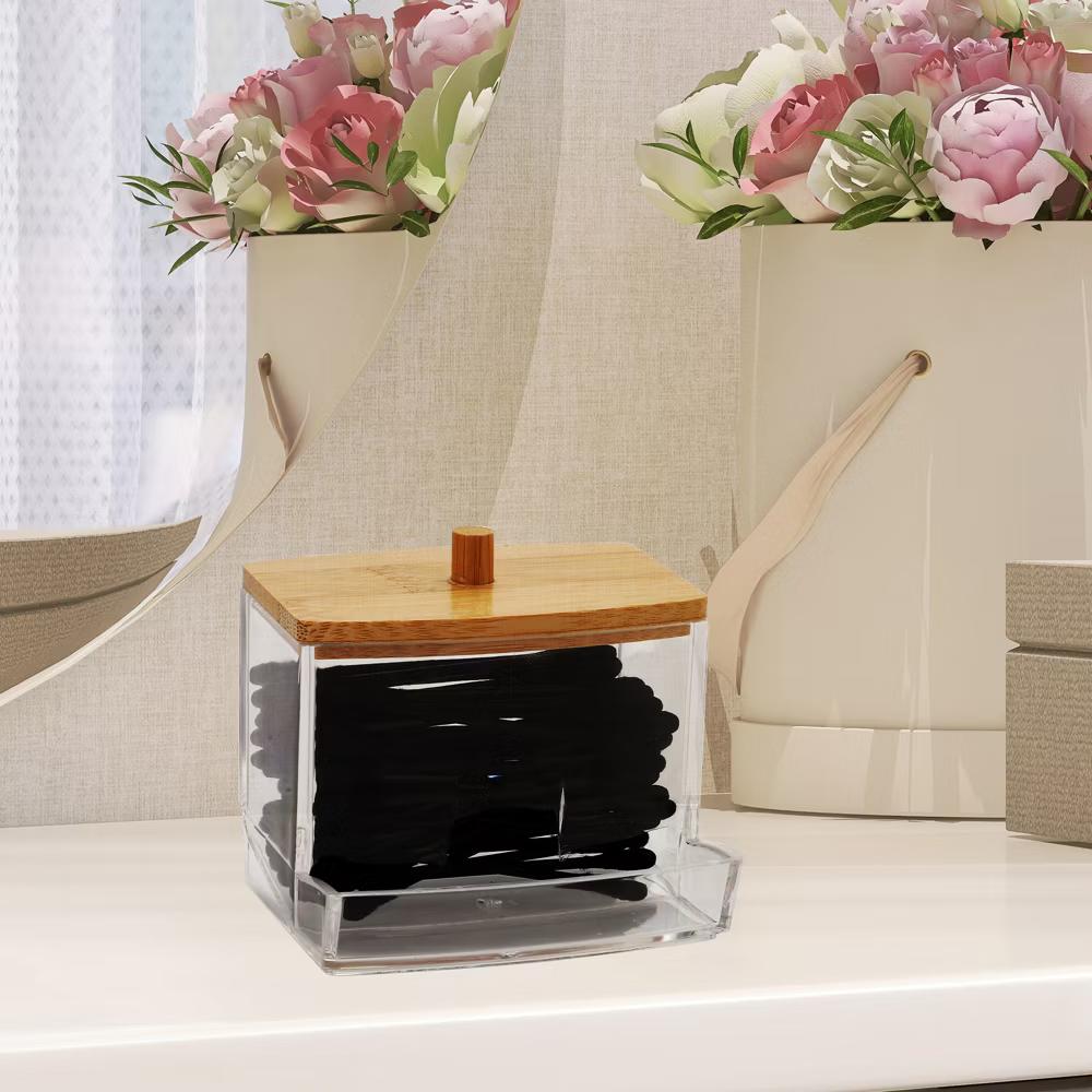 Acrylic Bamboo Wood Cotton Swab Jar Clear Wood Color - Image 12