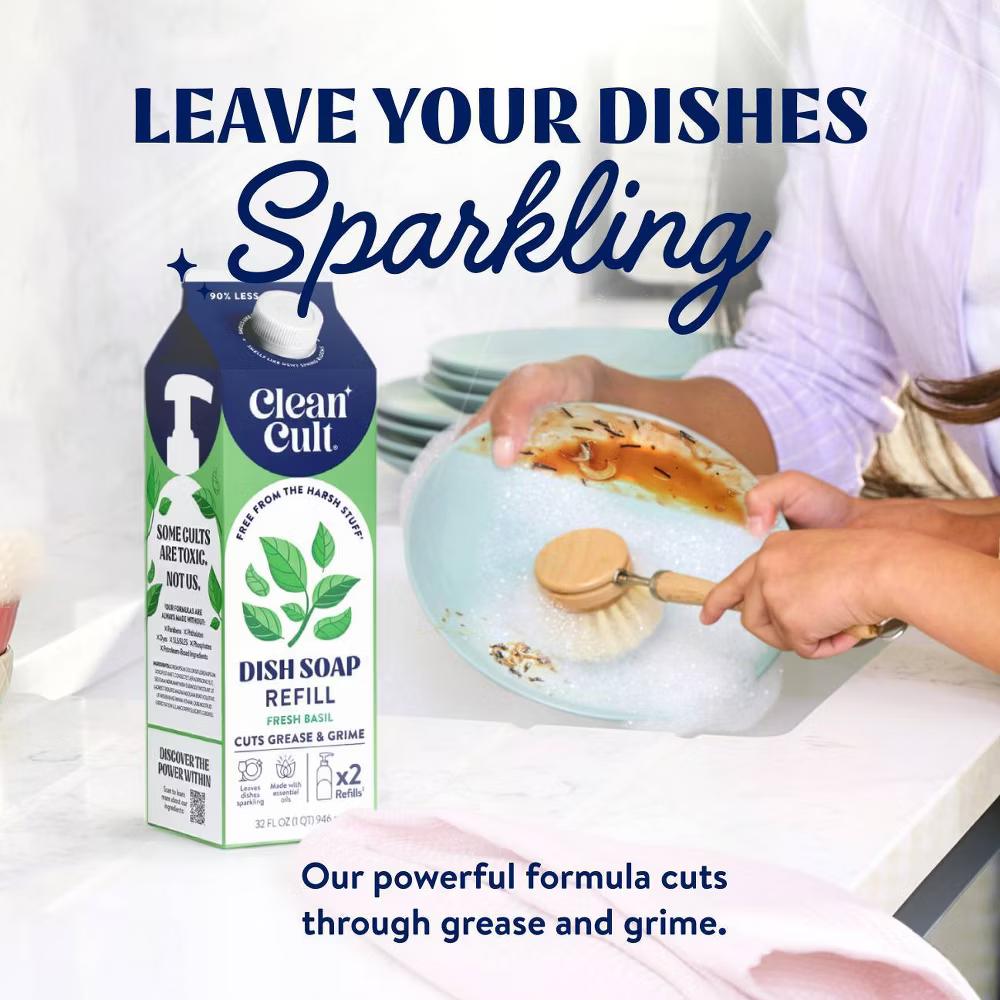 Clean Cult Fresh Basil Liquid Dish Soap Refills - TGT Exclusive - 32 fl oz: Carton, Removes Grease, Dissolves Food - Image 2