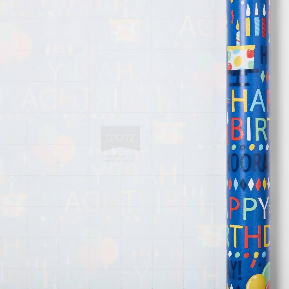 96"x30" 'Happy Birthday Hooray' Balloons and Cake Gift Wrapping Paper Blue - Image 3