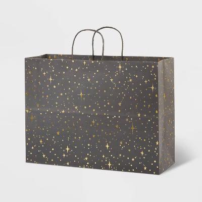 Medium Foil Star Pattern Gift Bag Gray/Gold - Black Polka Dot, Christmas & Graduation Gift Bag, 12"x16"x6" - Image 2
