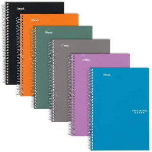 Five Star 80pg 2 Subject College Ruled Notebook 9.5"x6": Spiral, Wire-Bound, Acid-Free, Perforated, Water-Resistant, Pocket