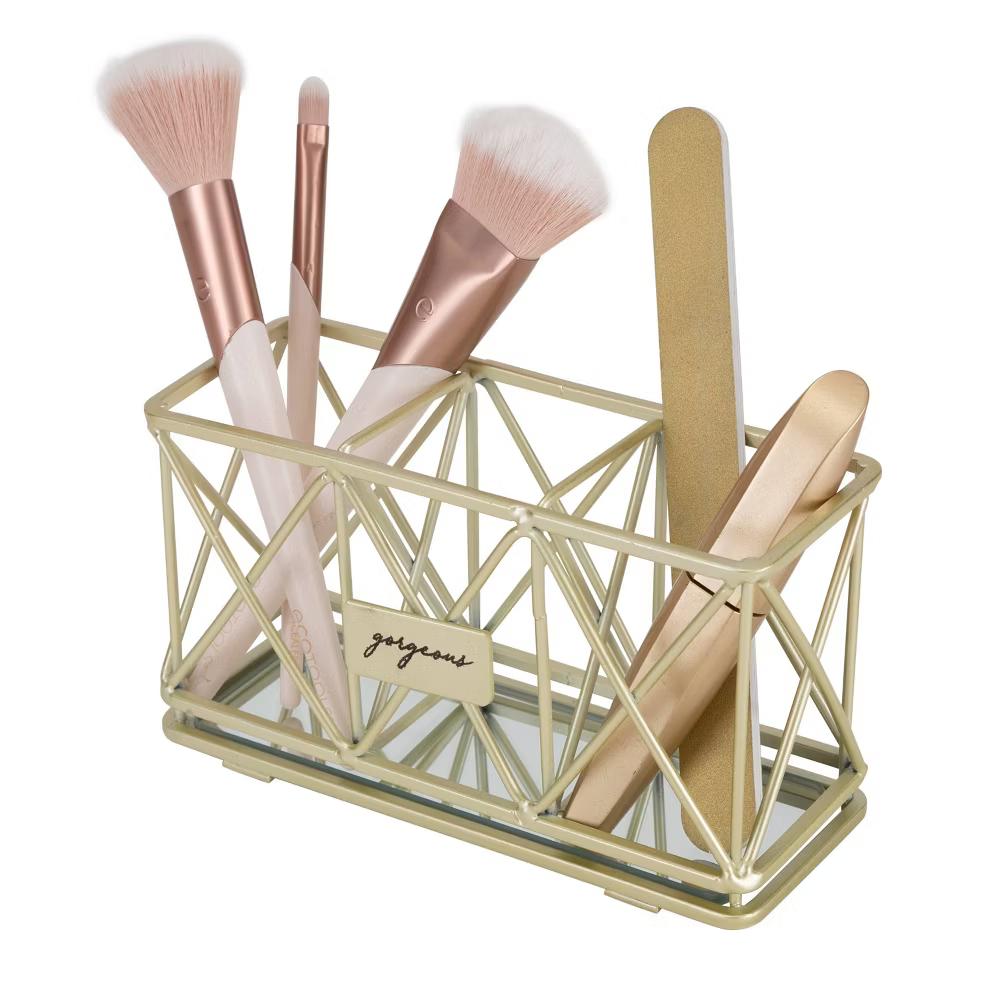 3 Compartment Cosmetic Brush and Pencil Organizer Gold - Steel Bathroom Storage Tray, Spot Clean - Image 6