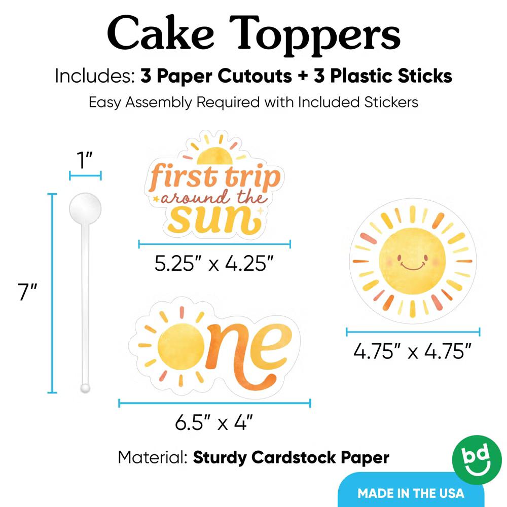 First Trip Around the Sun Birthday Cake Topper Set, Retro Sunshine Smash Cake Dessert Decorations, 1st Birthday Supplies – 3 Ct - Image 2
