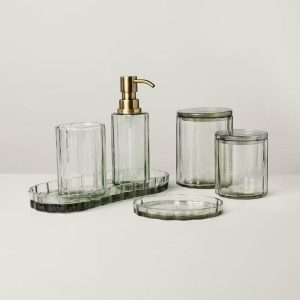 Fluted Glass Bathroom Canister Light Green - with Magnolia
