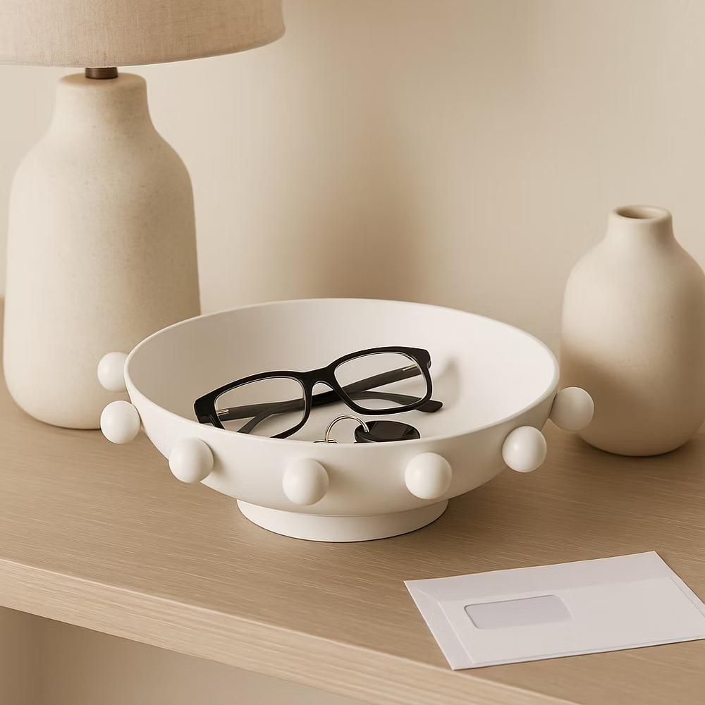 Modern Round Bowl with Knobs for Coffee Table Decor - Decorative Centerpiece Table Decorations for Home Decor Accents - 4.25", White - Image 2