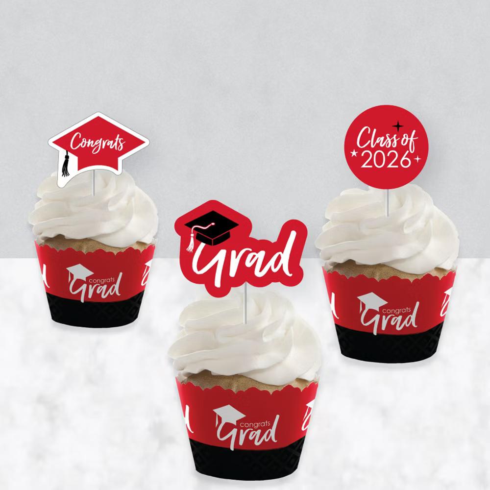 2026 Red Graduation Cupcake Decoration - Party Cupcake Wrappers and Treat Picks Kit - Set of 24 - Image 4