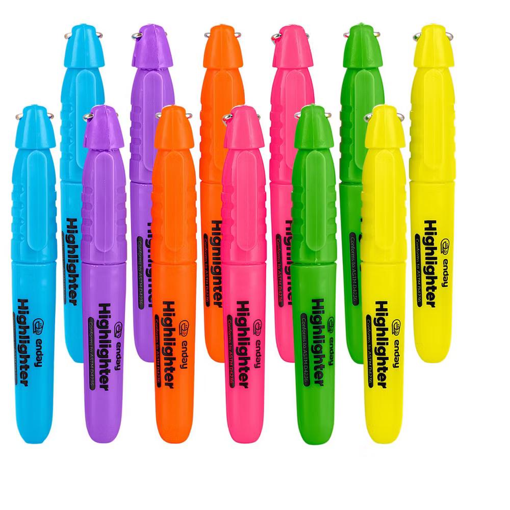 Mini Fluorescent Highlighter with Cap Clip. Smooth Glide Solid Gel Student Study Kit Assorted Colors, (12 Pack)
