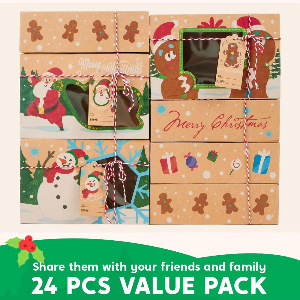 24 Pcs Christmas Cookie Gift Baking Box, Auto-Popup Treat Boxes with Window and Tags, Xmas Treat Boxes Containers for Cookies & Holiday Baking - Image 6