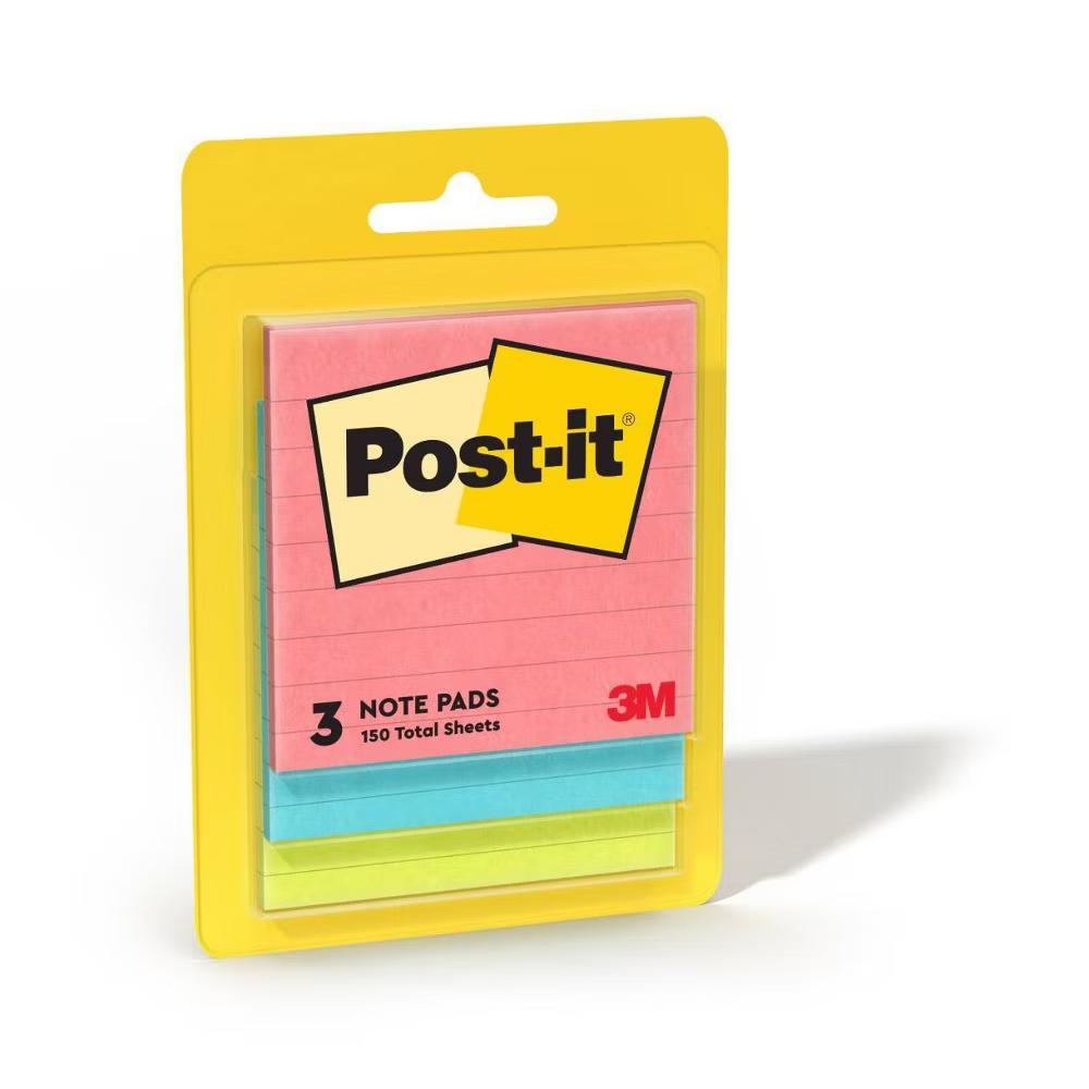 Notes, 3 in. 3 in., Poptimistic Collection, Lined, 3 Pads/Pack: Multicolor Sticky Notes, 50 Sheets per Pad