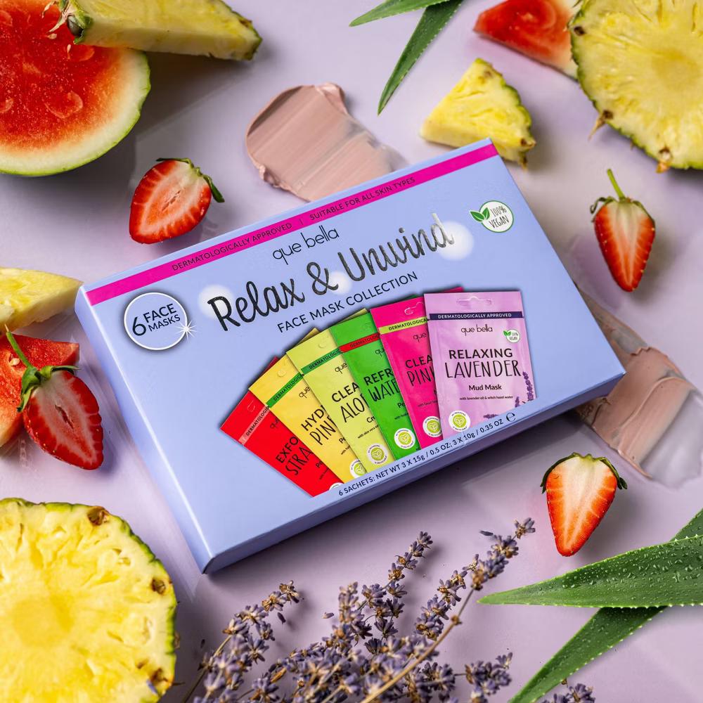 Que Bella Relax & Unwind Face Mask Collection - 6pc: Vegan, For Normal & Sensitive Skin, Scented