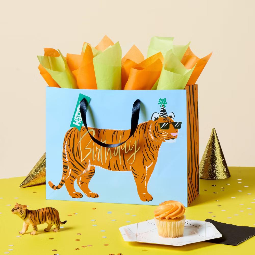 Medium Tiger 'Happy Birthday' Gift Bag with Tag Blue/Orange - Image 3