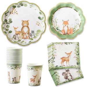 Woodland Baby Shower Decorations, 78-Piece Disposable Party Plates, Cups & Napkins Set for 16 Guests – Baby Shower Table Decor