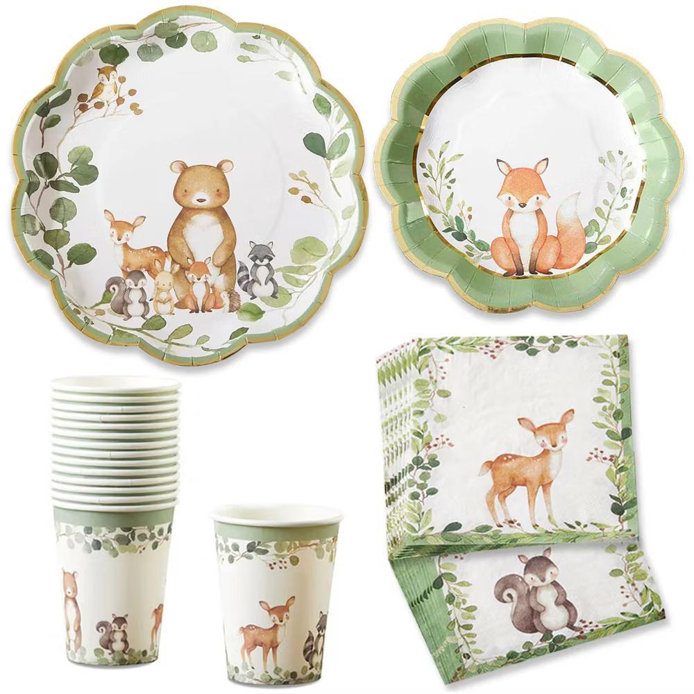 Woodland Baby Shower Decorations, 78-Piece Disposable Party Plates, Cups & Napkins Set for 16 Guests – Baby Shower Table Decor