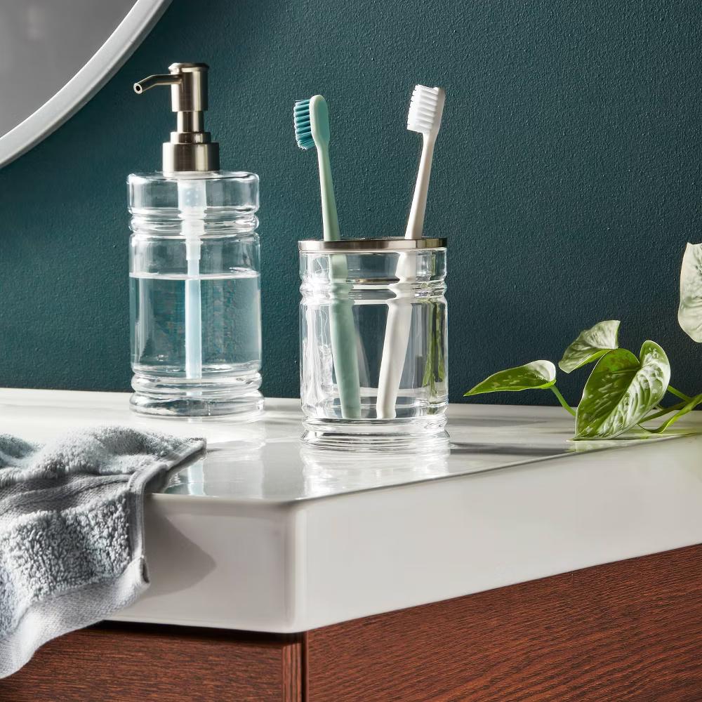 Glass Toothbrush Holder Clear - Elegant Bathroom Accessory, Solid Pattern Glass Cup for Oral Hygiene