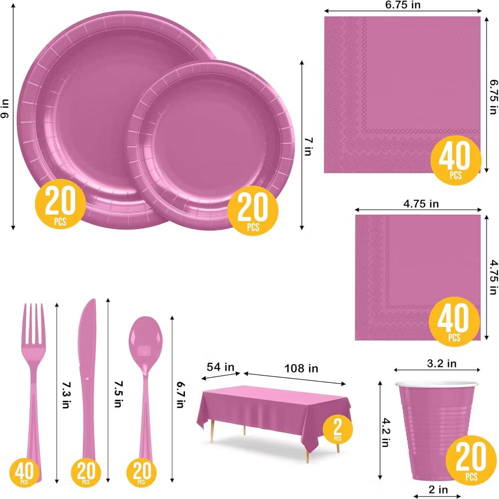 Exquisite Pink Party Tableware Set – 222-Piece Disposable Dinnerware Kit Serves 20 Guests | Paper Plates, Plastic Cups, Cutlery, Napkins & Table Cover - Image 2