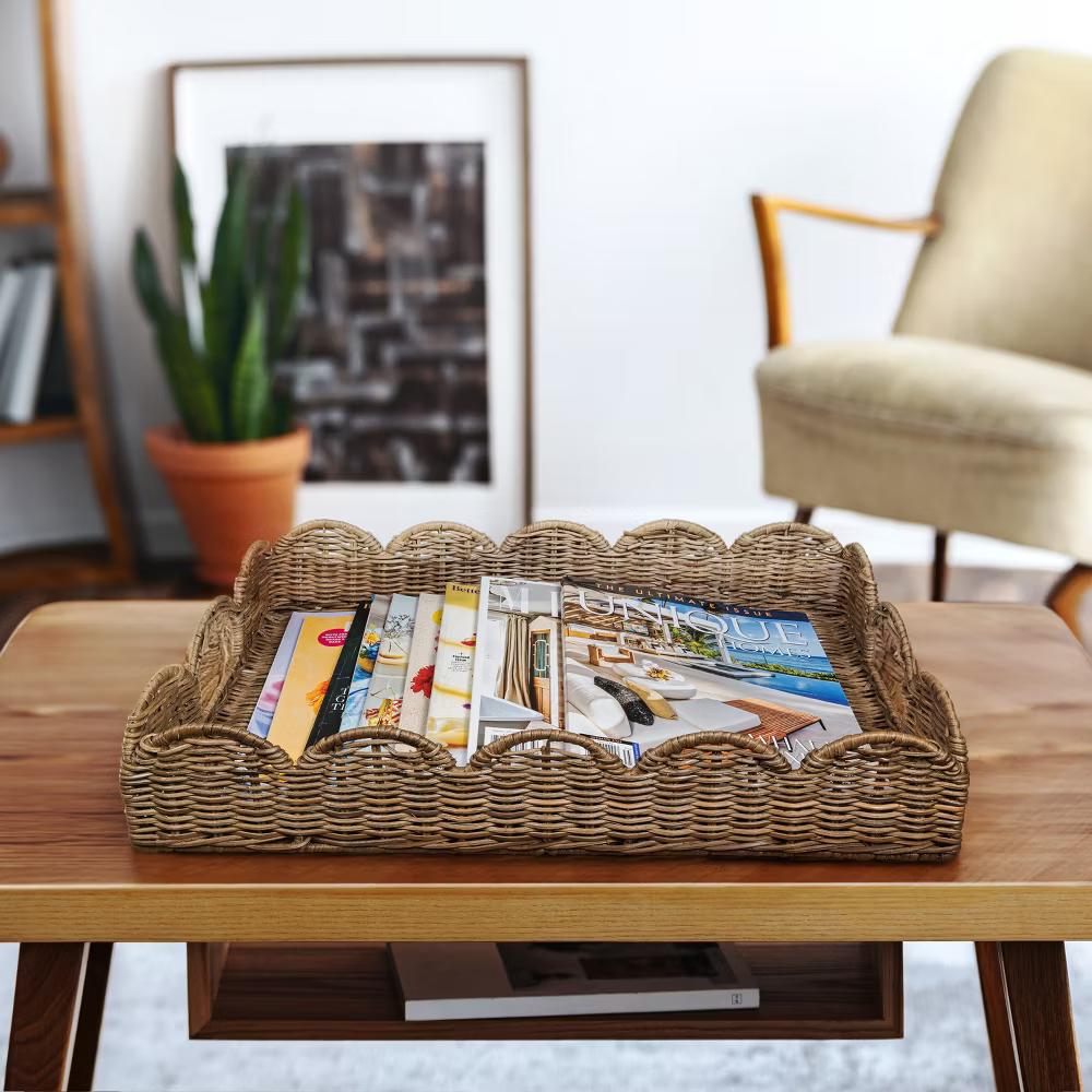 happimess Scalloped 21.5" Southwestern Cottage Hand-Woven Rattan Tray with Handles - Image 11