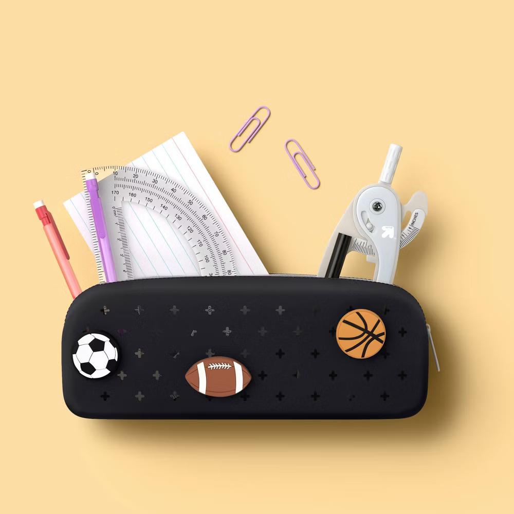 Single Zip Silicone Pencil Pouch Black with Sports Charms - Image 3