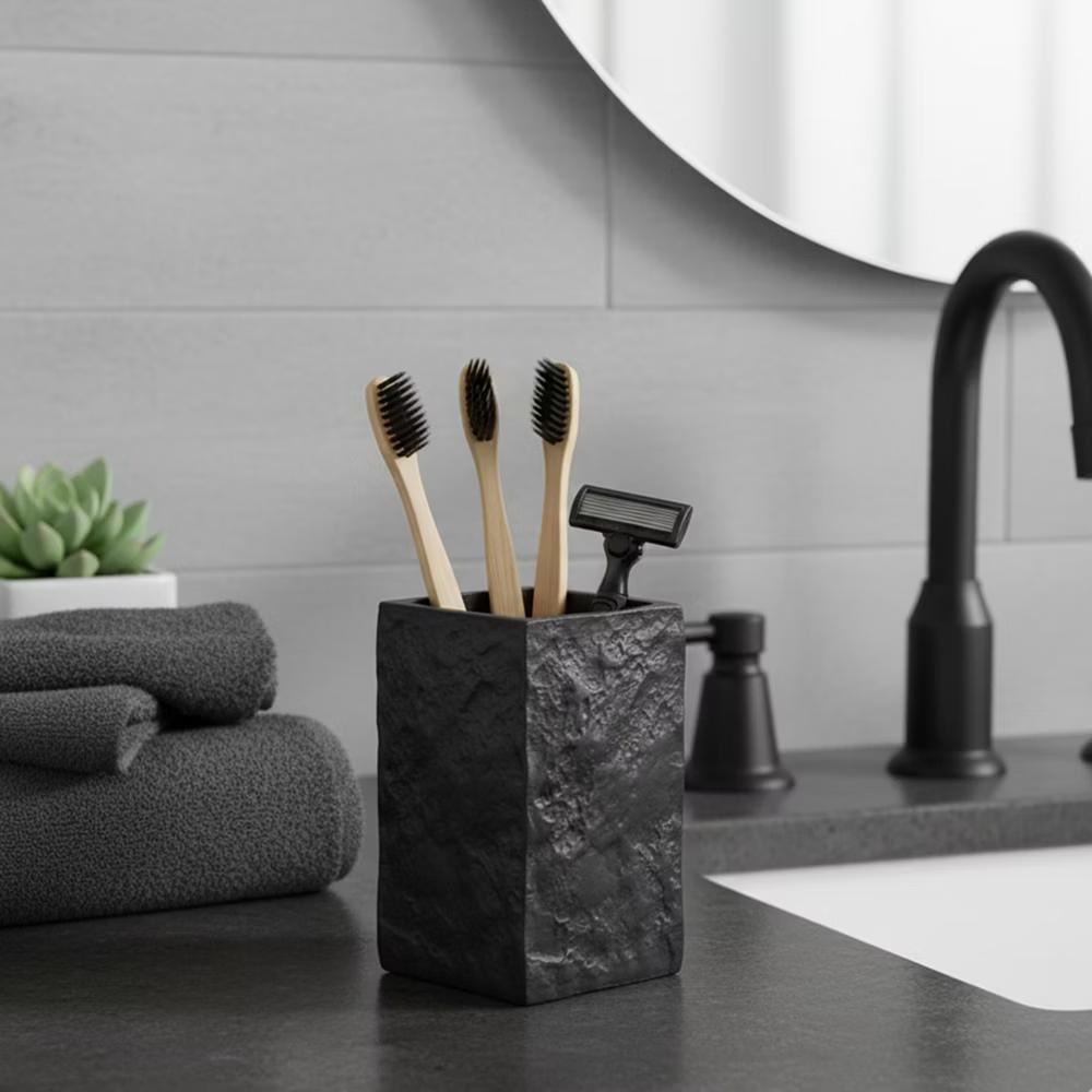 French Home Goods Modern Square Resin Stone Effect Bathroom Tumbler – Versatile Toothbrush Holder, Makeup Brush Cup and Countertop Organizer - Image 8