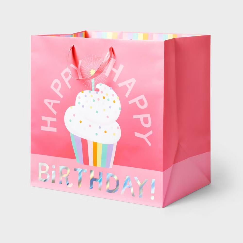 Large Square 'Happy Happy Birthday' Cupcake Gift Bag Pink - Pink, Paper, 15"x15"x10", Large, Gender Neutral - Image 2