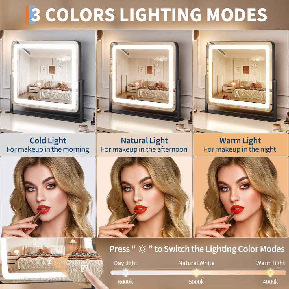 LED Vanity Mirror – Touch Control 3 Light Modes, Dimmable & 360° Rotation Makeup Mirror for Bathroom/Bedroom (1-Piece) - Image 2