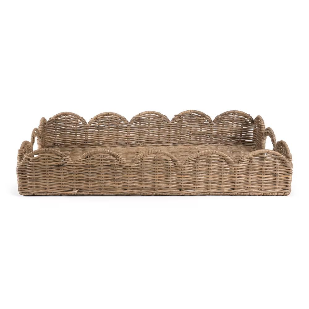 happimess Scalloped 21.5" Southwestern Cottage Hand-Woven Rattan Tray with Handles - Image 2