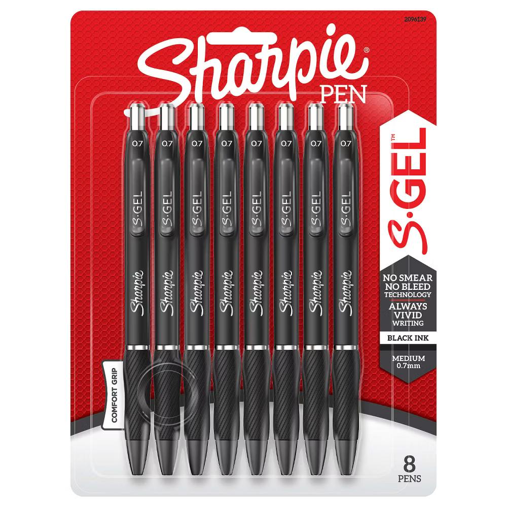8pk S-Gel Pens Black 0.7mm Medium Tip Black Ink: School Supplies, Retractable, Contoured Rubber Grip, Pocket Clip - Image 12