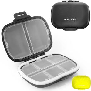 Sukuos Daily Use Pill Organizer Case, 8 Easy to Open Compartments-Large Portable Travel Pill Box, Medicine Container & Vitamin Holder