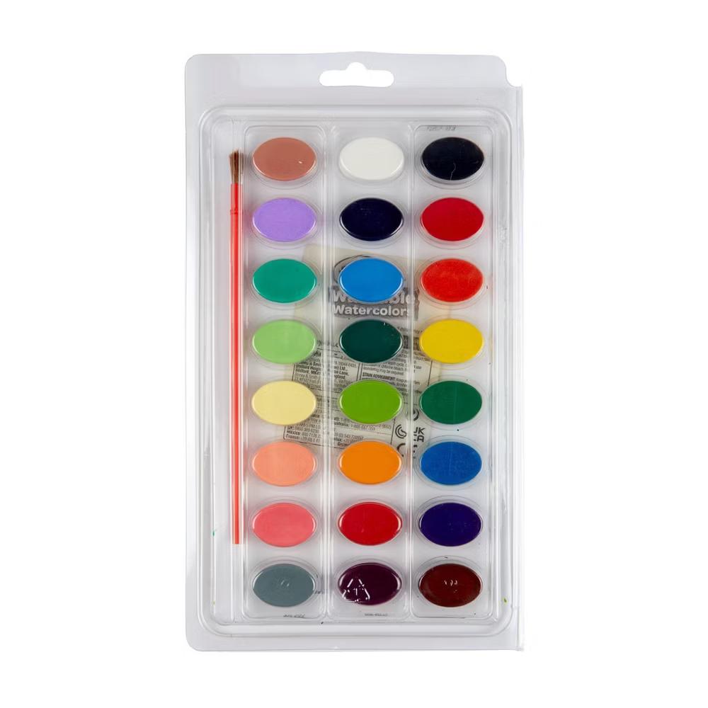 24ct Kids Watercolor Paints with Brush, Washable Tempera, School Supplies for Kids, Art Classroom Essentials, Gift, Ages 3 - Image 3