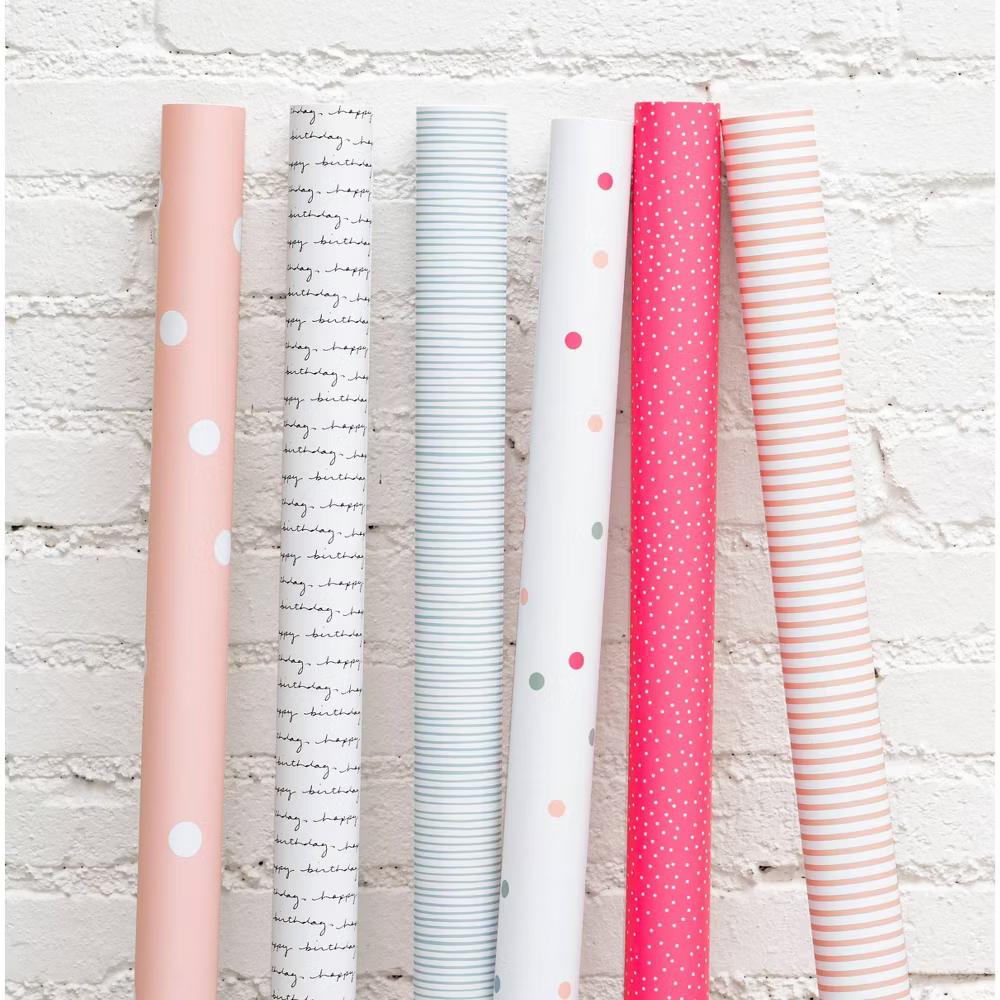 2pk 118"x30" Polka Dot and Striped Wrapping Paper Set Pink/White - Image 5