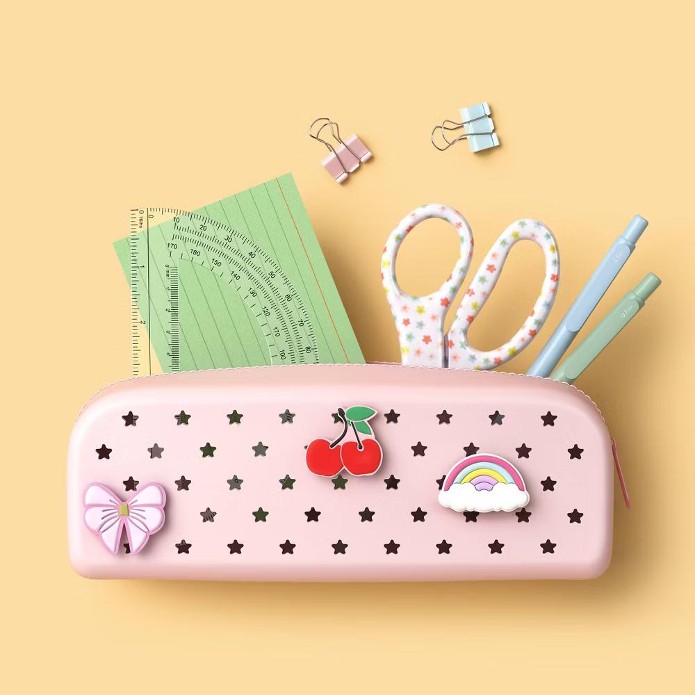 Single Zip Silicone Pencil Pouch Light Pink with Coquette Charms - Image 2