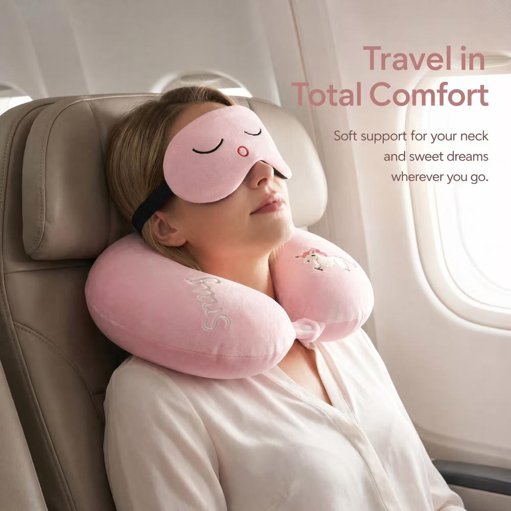 U‑Shape Memory Foam Travel Pillow Set with Decor Embroidery and Eye Mask 1Pc - Image 12