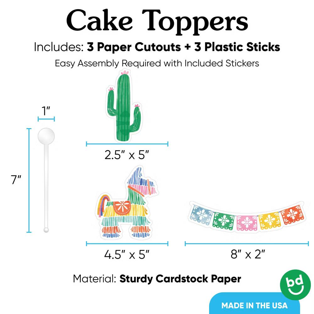 Fiesta Cake Topper Set, Mexican-Theme Birthday Party Decorations with Piñata and Cactus Designs – 3 Count - Image 3