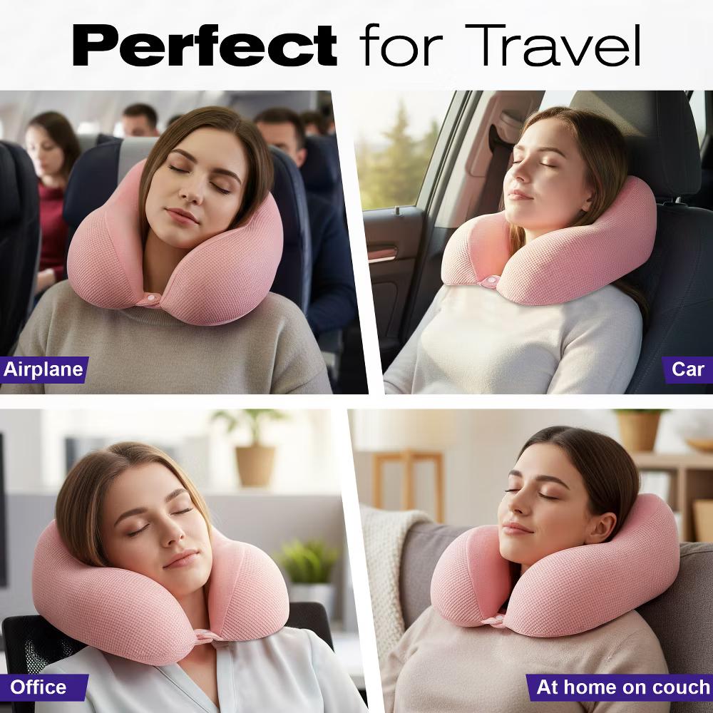 Neck Pillows for Travel Pillow, Travel Neck Pillow Airplane, Foldable Memory Foam Neck Pillow for Car Travel Sleeping with Ear Plugs, Pink - Image 4