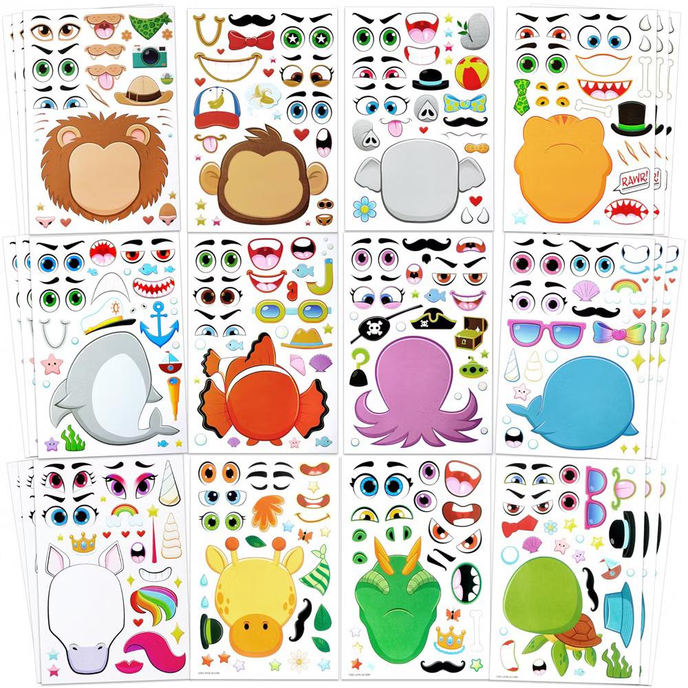 SYNCFUN 36 Pcs 10" Animal Mix and Match Make-a-Face Sticker Sheets Kids DIY Kits, Animals Kids Party Favor Supplies Craft