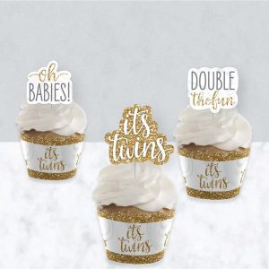 It's Twins - Cupcake Decoration - Gold Twins Baby Shower Cupcake Wrappers and Treat Picks Kit - Set of 24