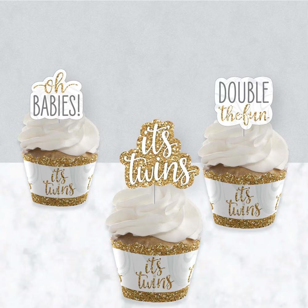 It's Twins - Cupcake Decoration - Gold Twins Baby Shower Cupcake Wrappers and Treat Picks Kit - Set of 24