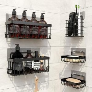 5-Pack Shower Caddy Set – Rustproof Stainless Wall Storage with Adhesive Mount for Bath or Sink