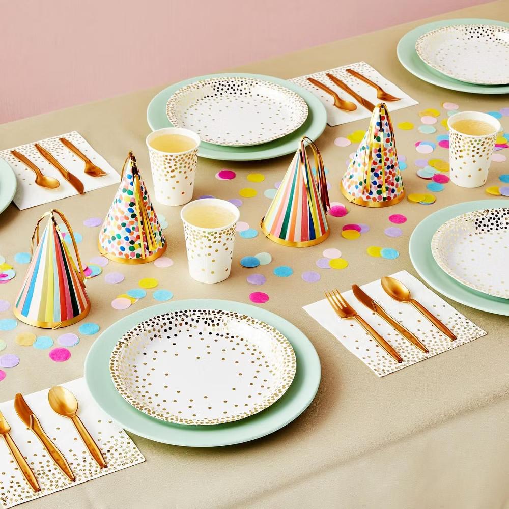 Juvale Gold Confetti Party Tableware Set, 144 Pieces, Serves 24, Plates, Cups, Napkins & Cutlery for Birthdays, Bridal Showers & Parties - Image 8