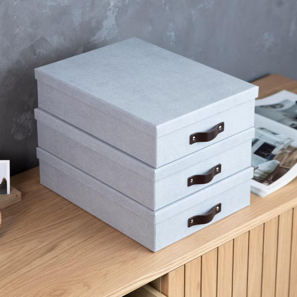Bigso Oskar Document Letter Box with Lid and Leather Handle – Canvas Fiberboard File Organizer, 3.3" 10.2" 13.8" - Image 3