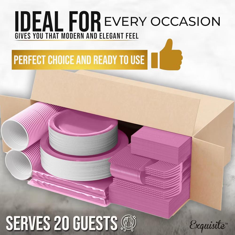 Exquisite Pink Party Tableware Set – 222-Piece Disposable Dinnerware Kit Serves 20 Guests | Paper Plates, Plastic Cups, Cutlery, Napkins & Table Cover - Image 3